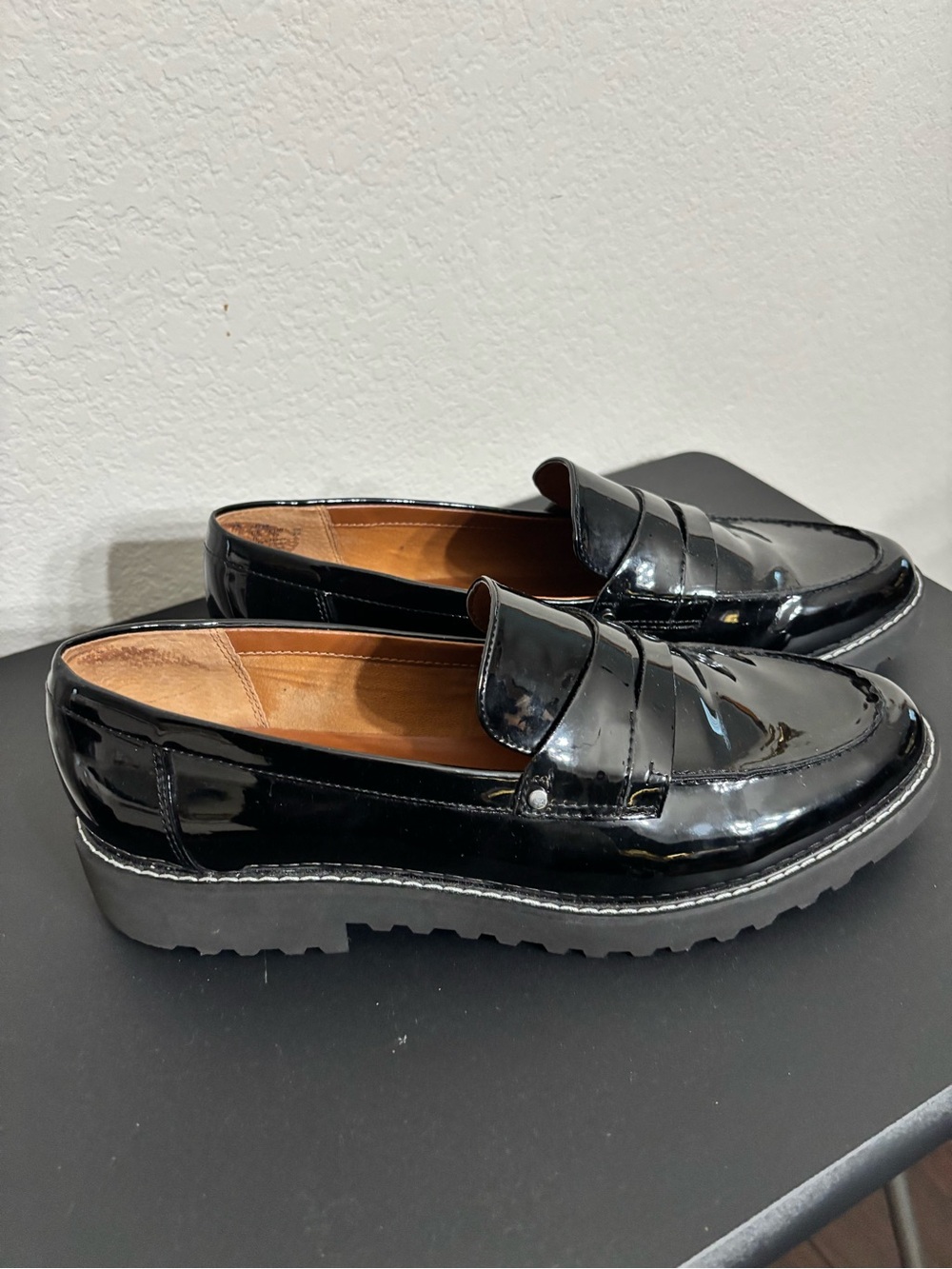 Franco Sarto Womens 12 Black Patent Leather Lug Sole Penny Loafers